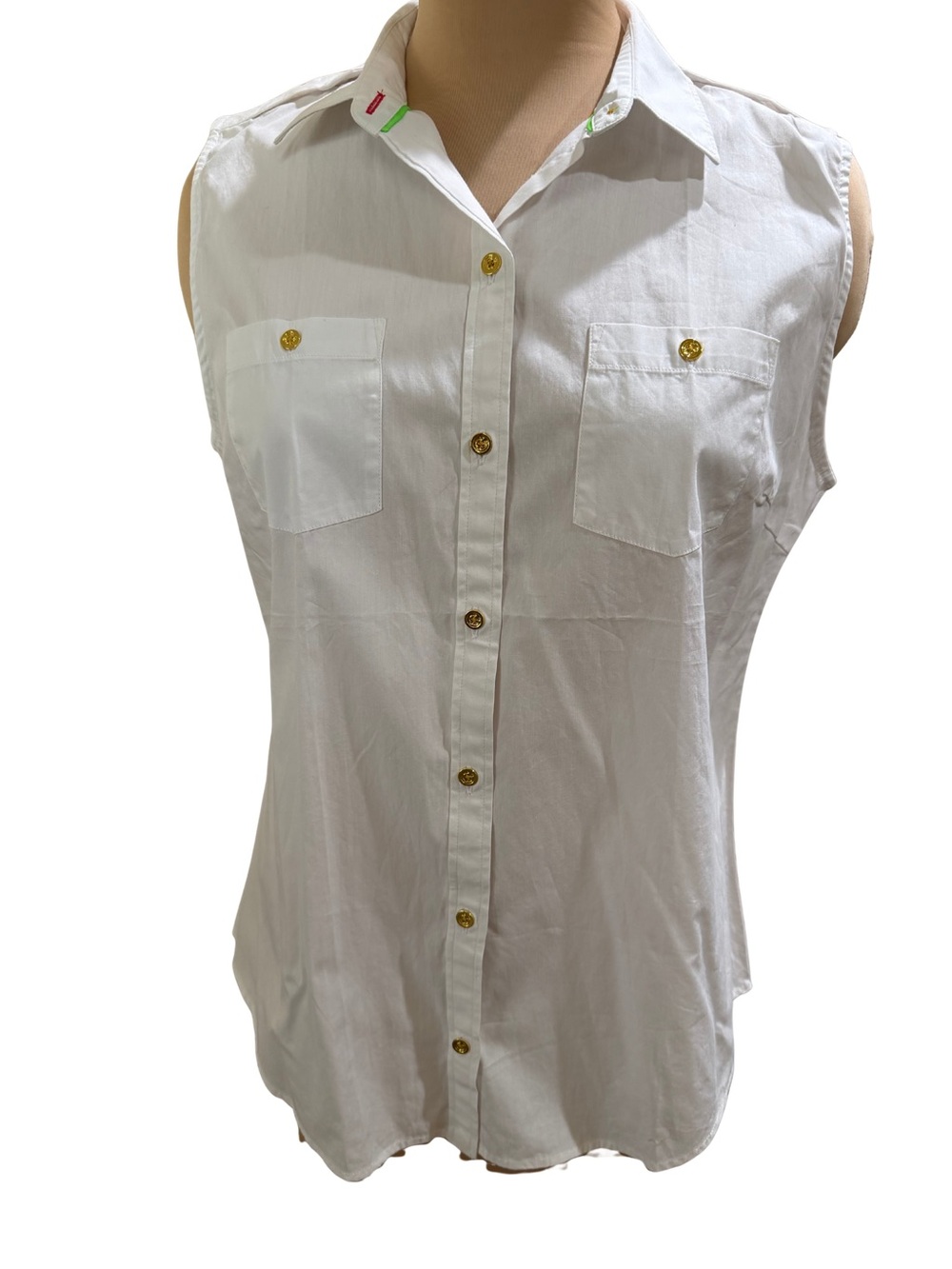 C. Wonder White Sleeveless Button-Down Shirt with Gold Buttons